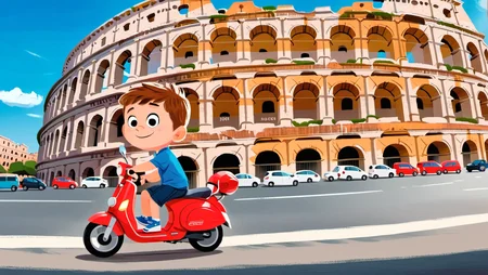 a boy riding a scooter in rome, colosseum, motion blur, motion lines, depth of field <lora:DIGIXL_0.1_RC:0.4> <lora:COOLKIDS_XL_0.3_RC:0.6> <lora:MODILL_XL_0.27_RC:0.6>