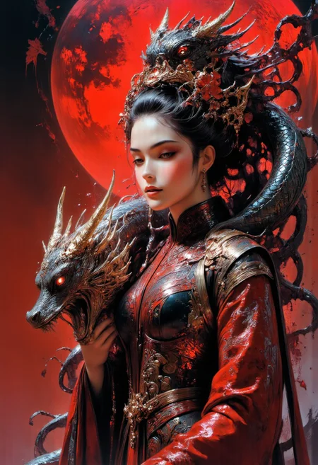 A striking and intense portrait of a regal woman entwined by an elaborate dragon. She stands with an air of authority, dressed in traditional East Asian attire with rich, intricate patterns in shades of deep red and black, adorned with golden floral accents. Her black hair is elegantly styled in an elaborate updo, decorated with delicate red and gold hairpins that add a touch of royalty and mystique. The dragon coils protectively around her, its scales a complex texture of black and ivory with gold highlights, and fierce, red eyes that gleam with intelligence and ferocity. Its head hovers close to hers, displaying sharp, menacing teeth and a determined gaze. The background is a bold red with a black floral pattern, amplifying the dramatic, mythical atmosphere of the scene. The lighting casts a warm glow, accentuating the textures and fine details of both the womanas attire and the dragonas scales, creating an atmosphere of ancient power and mysticism. <lora:aidmaMJ6.1-FLUX-V0.1.safetensors:0.5>, <lora:FluxMythP0rtr4itStyle.safetensors:0.75>, <lora:artisketchyfs-v02.safetensors:0.5>, <lora:ARTifacts.safetensors:0.5>,
