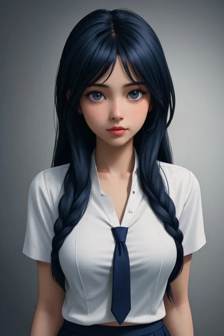 (masterpiece, best quality)), solo, 1 girl with long dark blue hair and blue eyes. She is wearing a white blouse with short sleeves and a dark blue skirt. She has a blue tie around her neck, and on her left side