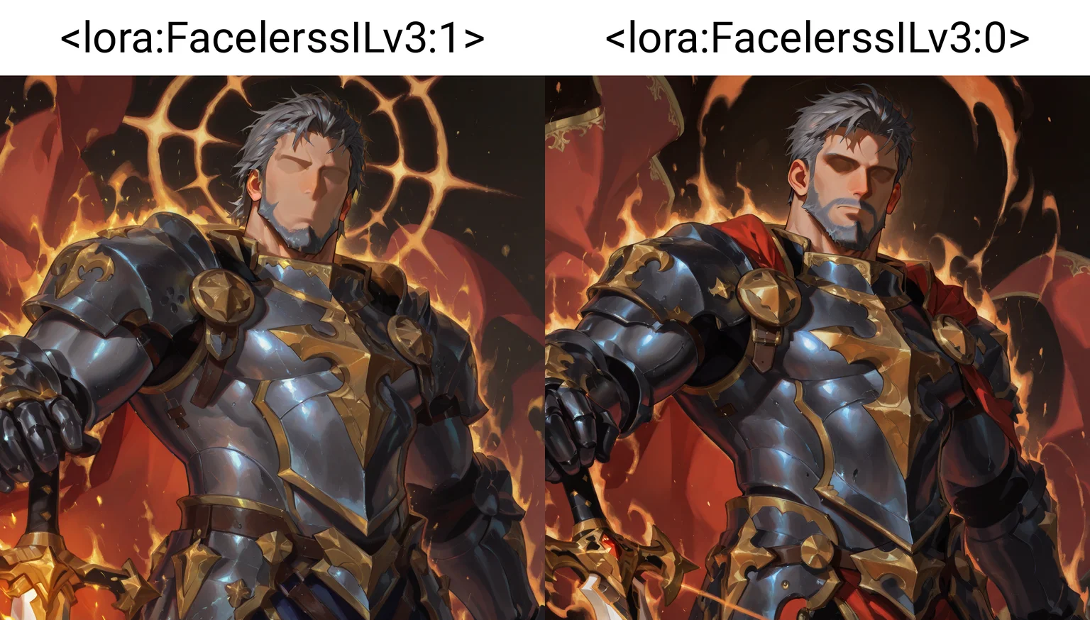 <lora:FacelerssILv3:1>, ((faceless, no eyes, no nose, no mouth, no eyebrows))
<lora:face_Cadanova_Alchemist_Code_repair-000003:.8>, (tagatamecadanova, 1boy, short hair, grey hair, solo, male focus, mature male, muscle body, bara, armor, cape, greadsword, holding sword,)
(very short hair, beard, bara, mature, facial hair, stubble, beard, full beard, sideburn, beard, a lot of beard, ), facial hair,male focus, muscular male, muscular male, bara, mature,  bara, mature, aixiwuganda_(20222192), very awa, masterpiece, best quality, absurdres, newest, perfect quality, detailed background, intricate details,
<lora:slider_Body Type_alpha1.0_rank4_noxattn_last:3><lora:Anime Summer Days 2 Style SDXL_LoRA_Pony Diffusion V6 XL:.6><lora:slider_cfg_scale_boost:.7><lora:Artist6p:.55>, Artist6p, Artist04p,<lora:slider_il_brightness_slider_d1:-1><lora:slider_il_contrast_slider_d1:-1><lora:slider_DarkSlider1.2_alpha1.0_rank16_full_300steps:-.6>