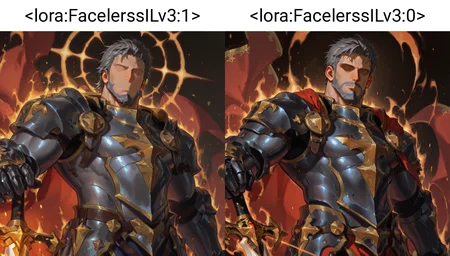 <lora:FacelerssILv3:1>, ((faceless, no eyes, no nose, no mouth, no eyebrows))
<lora:face_Cadanova_Alchemist_Code_repair-000003:.8>, (tagatamecadanova, 1boy, short hair, grey hair, solo, male focus, mature male, muscle body, bara, armor, cape, greadsword, holding sword,)
(very short hair, beard, bara, mature, facial hair, stubble, beard, full beard, sideburn, beard, a lot of beard, ), facial hair,male focus, muscular male, muscular male, bara, mature,  bara, mature, aixiwuganda_(20222192), very awa, masterpiece, best quality, absurdres, newest, perfect quality, detailed background, intricate details,
<lora:slider_Body Type_alpha1.0_rank4_noxattn_last:3><lora:Anime Summer Days 2 Style SDXL_LoRA_Pony Diffusion V6 XL:.6><lora:slider_cfg_scale_boost:.7><lora:Artist6p:.55>, Artist6p, Artist04p,<lora:slider_il_brightness_slider_d1:-1><lora:slider_il_contrast_slider_d1:-1><lora:slider_DarkSlider1.2_alpha1.0_rank16_full_300steps:-.6>