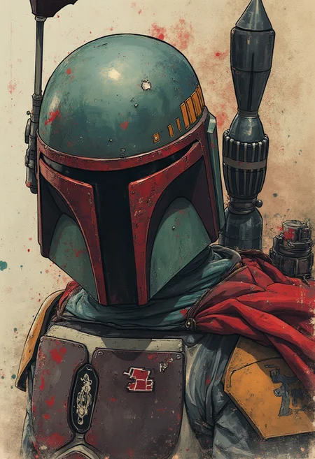 poster art, photorealistic ink art image, portrait of boba fett from the movie (Star Wars), menacing, dark fantasy, masterpiece