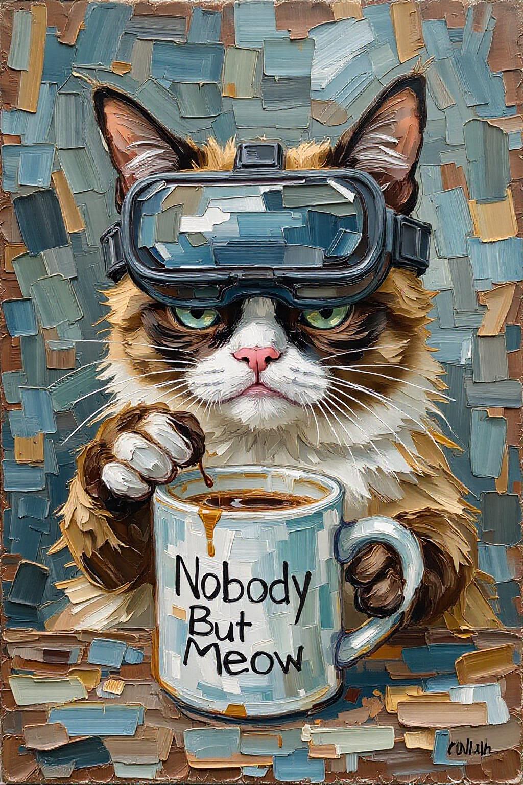 impasto oil painting. 
Grumpy Cat drinking coffee, wearing a VR Headset. The mug has the phrase "NobodyButMeow" printed <lora:impasto_nocap_d6a3:1.0> <lora:Flux-Sch-SingleBlocks-BF16:1.0><lora:802460561607593339:0>
