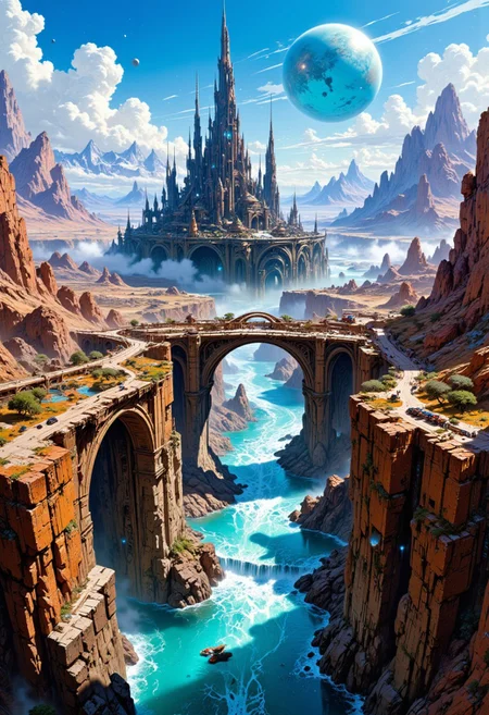 oil painting, rough, textural, broad brush strokes, of a bustling city on an alien planet, a bridge running over a clear, fast-flowing large river with azure waters, mythp0rt