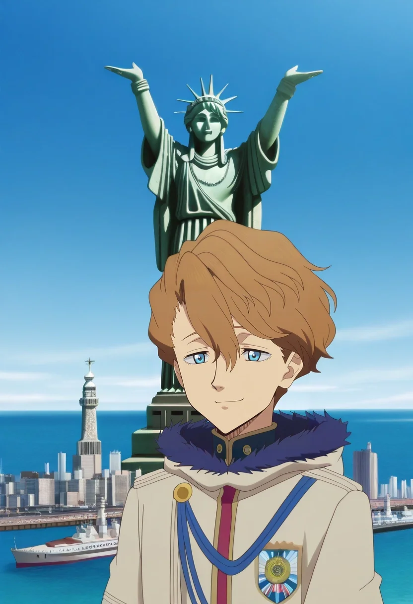 masterpiece, best quality, , anime screencap, anime coloring, official style, , 1boy, solo, male focus, <lora:langris_vaude_ilxl:0.94>, langris_vaude, brown hair, blue eyes, short hair, hair between eyes, fur trim, Statue of Liberty, New York, harbor view, green copper statue, gazing pose, proud expression, clear sky,