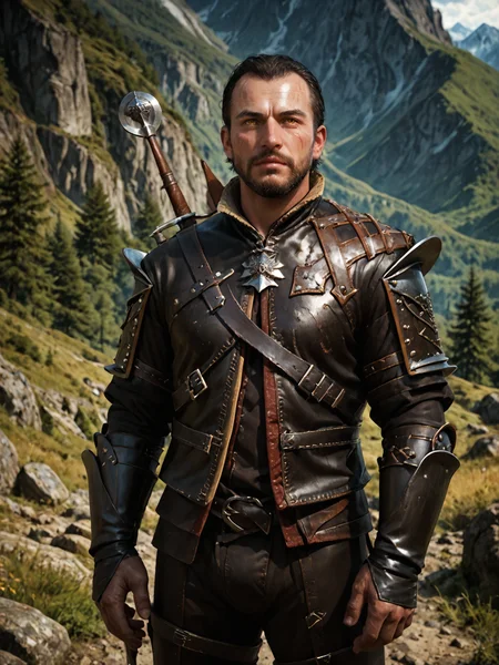 score_9, score_8_up, score_7_up, source_anime, highly detailed, lambert, 1boy, male focus, solo, facial hair, beard, black hair, black leather breeches, short hair, scar on face, yellow eyes, leather armor, standing, dark mountain path, <lora:Lambert_-_The_Witcher_Pony-000003:0.95> <lora:PonyXL Bad Anatomy v1:-0.15>