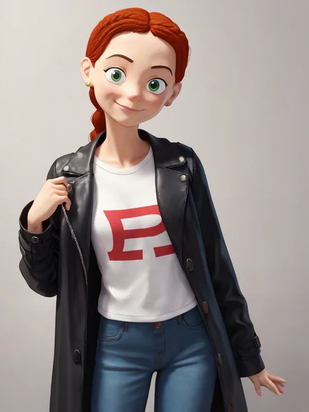 score_9, score_8_up, score_7_up, score_6_up, BREAK, ToyJessie, 1girl, solo, green eyes, red hair, braid, bow, looking at viewer, closed mouth, smile, black t-shirt, black jeans, black coat, leather coat, long coat <lora:Jessie-000009:0.8>