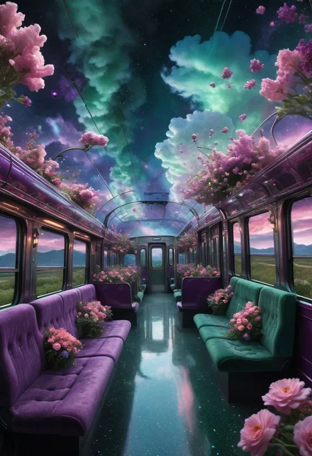 Hyperrealistic train detailed with blooming flowers, ethereal cloud animals with shimmering outlines, passengers gazing in awe, vast sky with swirling galaxies, cosmic colors (purples, greens, pinks), dramatic lighting, mystical atmosphere
