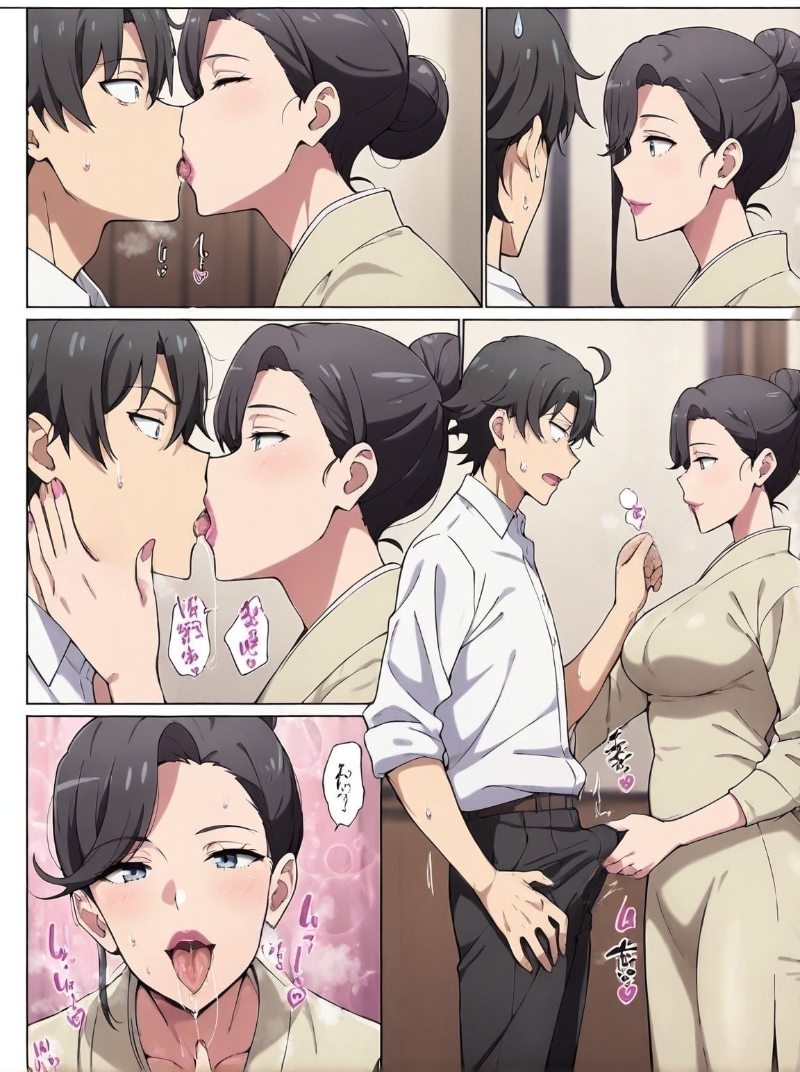 masterpiece, best quality, newest, absurdres, highres, detailed eyes, beautiful, detailed background, perfect eyes, anime coloring, anime screencap,
<lora:milf:0.8> milf_V1,
1girl,1boy,mature female,
age different,comic,hentai,
hetero,breasts,kiss,bulge,sweatdrop, sweat, 
erection, handjob, tongue, sound effects, 
assertive female,saliva, saliva trail,  steaming body, 
BREAK
<lora:ORG_Mother yukinoshita:0.7>yukinoshita mother,black hair,side-swept bangs,single hair bun,blue eyes,lipstick,medium breasts,adult,mature_female,
black hair,side-swept bangs,single hair bun,blue eyes,lipstick,medium breasts,adult,mature_female,
BREAK
Hikigaya Hachiman,