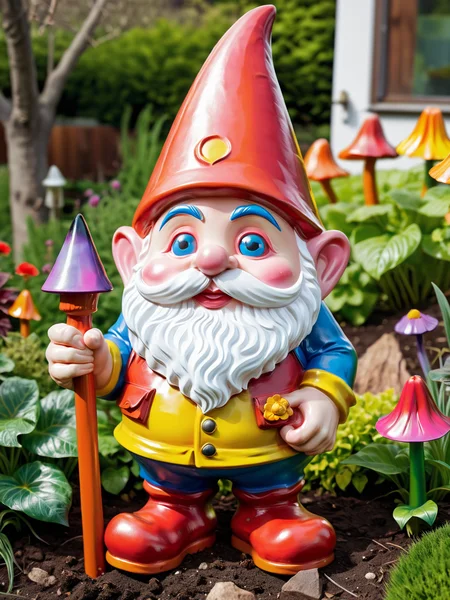 ais-colorfulplastic gnome surveying the garden <lora:Colorful_Plastic_SDXL:1>