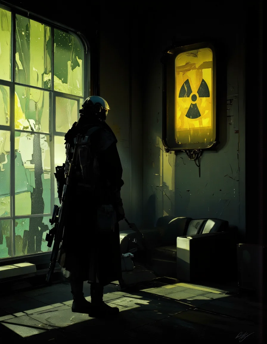 Art by Richard Anderson. A digital illustration shoot from a side camera angle about a silhouette of a soldier in a futuristic environment, holding a rifle, standing in a dimly lit room with a yellow radiation symbol on the wall. the image also shows a futuristic setting with a dark, abstract background featuring green and yellow tones. on the right side of the image, a 1man, who appears to be in his mid-twenties, is standing with his back to the viewer, wearing a full body armor and a backpack, facing away from the viewer. he is holding a large, black rifle in his right hand and has a determined expression on his face. the lighting is dramatic, casting shadows on the walls and floor, creating a sense of depth and atmosphere.