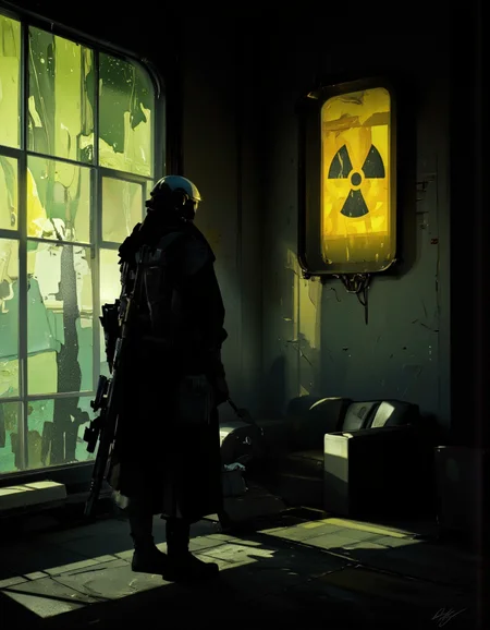 Art by Richard Anderson. A digital illustration shoot from a side camera angle about a silhouette of a soldier in a futuristic environment, holding a rifle, standing in a dimly lit room with a yellow radiation symbol on the wall. the image also shows a futuristic setting with a dark, abstract background featuring green and yellow tones. on the right side of the image, a 1man, who appears to be in his mid-twenties, is standing with his back to the viewer, wearing a full body armor and a backpack, facing away from the viewer. he is holding a large, black rifle in his right hand and has a determined expression on his face. the lighting is dramatic, casting shadows on the walls and floor, creating a sense of depth and atmosphere.