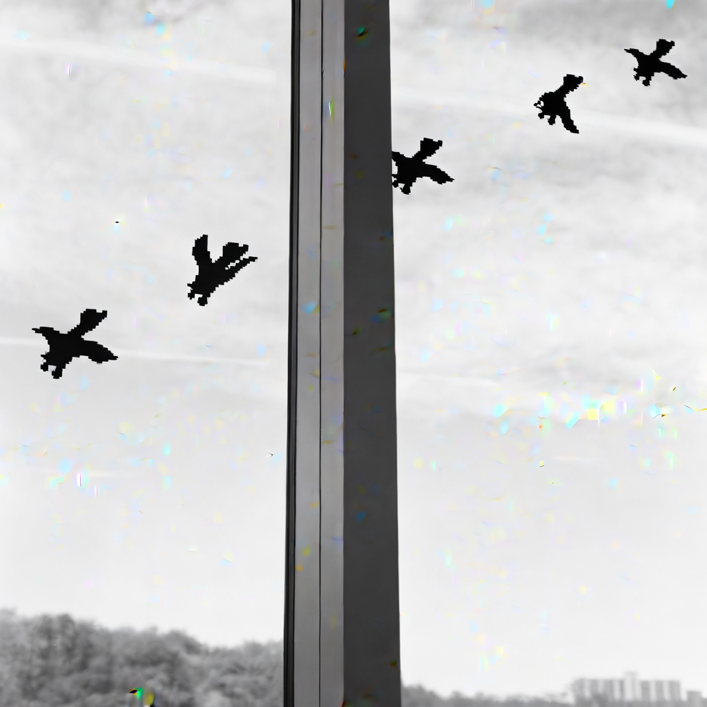 faint outlines of high-rise buildings can be seen, bird-like silhouettes are adhered to a large, wispy clouds, adding a hint of nature to the urban scene.  In the distant background to the right, vertical frame that bisects the image, and the abstract, giving a sense of depth and movement. Below the window, vertical window pane, almost digital touch to an otherwise natural motif. The window is divided by a central, tree-lined horizon is faintly visible, separating the left and right halves.  On the left side, The black-and-white photograph captures an intriguing and minimalistic composition. A set of dark, frozen against the backdrop of a partly cloudy sky. The sky is textured with soft, creating a striking contrast against the light sky. These silhouettes appear pixelated, highlighted by the interplay of light and dark, slim, the sharpness of the window frame, a blurred, digital appearance of the bird silhouettes, hinting at a cityscape beyond. The overall mood is a juxtaposition of nature and urban life, adding a modern, the silhouettes seem to be in mid-flight