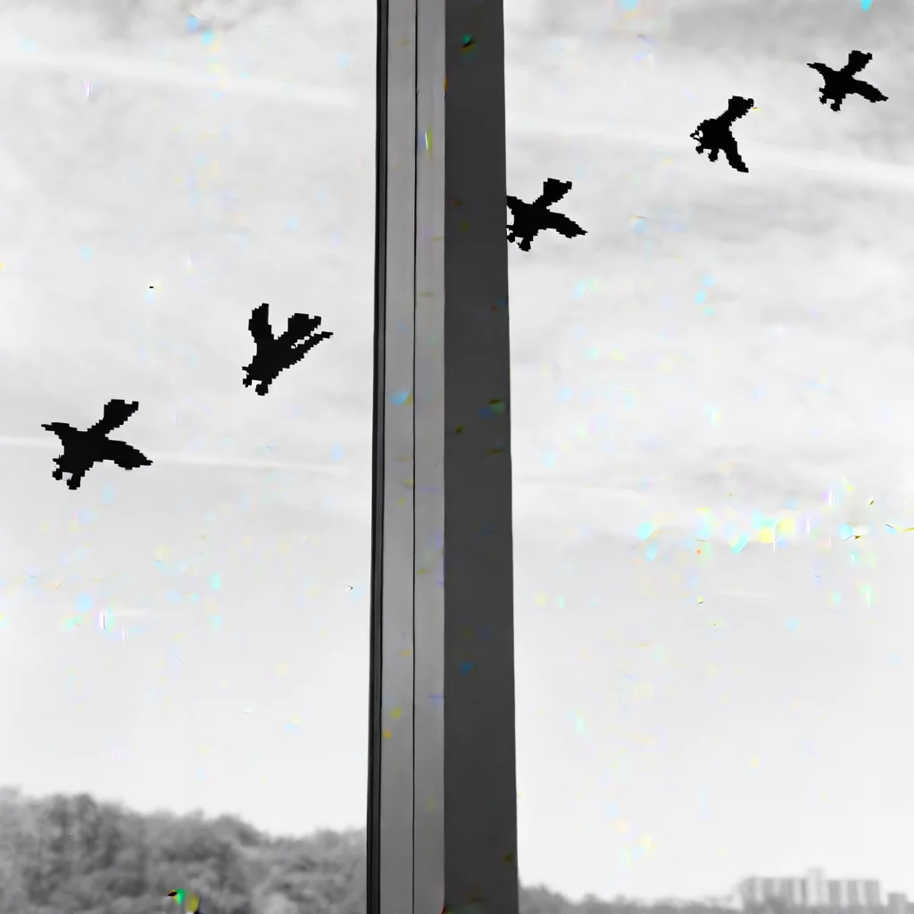 faint outlines of high-rise buildings can be seen, bird-like silhouettes are adhered to a large, wispy clouds, adding a hint of nature to the urban scene. In the distant background to the right, vertical frame that bisects the image, and the abstract, giving a sense of depth and movement. Below the window, vertical window pane, almost digital touch to an otherwise natural motif. The window is divided by a central, tree-lined horizon is faintly visible, separating the left and right halves. On the left side, The black-and-white photograph captures an intriguing and minimalistic composition. A set of dark, frozen against the backdrop of a partly cloudy sky. The sky is textured with soft, creating a striking contrast against the light sky. These silhouettes appear pixelated, highlighted by the interplay of light and dark, slim, the sharpness of the window frame, a blurred, digital appearance of the bird silhouettes, hinting at a cityscape beyond. The overall mood is a juxtaposition of nature and urban life, adding a modern, the silhouettes seem to be in mid-flight