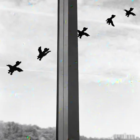faint outlines of high-rise buildings can be seen, bird-like silhouettes are adhered to a large, wispy clouds, adding a hint of nature to the urban scene.  In the distant background to the right, vertical frame that bisects the image, and the abstract, giving a sense of depth and movement. Below the window, vertical window pane, almost digital touch to an otherwise natural motif. The window is divided by a central, tree-lined horizon is faintly visible, separating the left and right halves.  On the left side, The black-and-white photograph captures an intriguing and minimalistic composition. A set of dark, frozen against the backdrop of a partly cloudy sky. The sky is textured with soft, creating a striking contrast against the light sky. These silhouettes appear pixelated, highlighted by the interplay of light and dark, slim, the sharpness of the window frame, a blurred, digital appearance of the bird silhouettes, hinting at a cityscape beyond. The overall mood is a juxtaposition of nature and urban life, adding a modern, the silhouettes seem to be in mid-flight