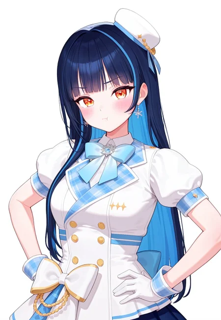 masterpiece, amazing quality, best quality, ultra-detailed, 8K, source cartoon, score_9, score_8_up, source anime, anime still, snowlil, 1girl, white background, simple background, blush, gloves, hat, skirt, bangs, earrings, puffy sleeves, puffy short sleeves, solo, jewelry, short sleeves, white headwear, virtual youtuber, idol clothes, blue bow, idol, bow, white gloves,blue skirt, :t, hands on own hips, upper body, looking at viewer