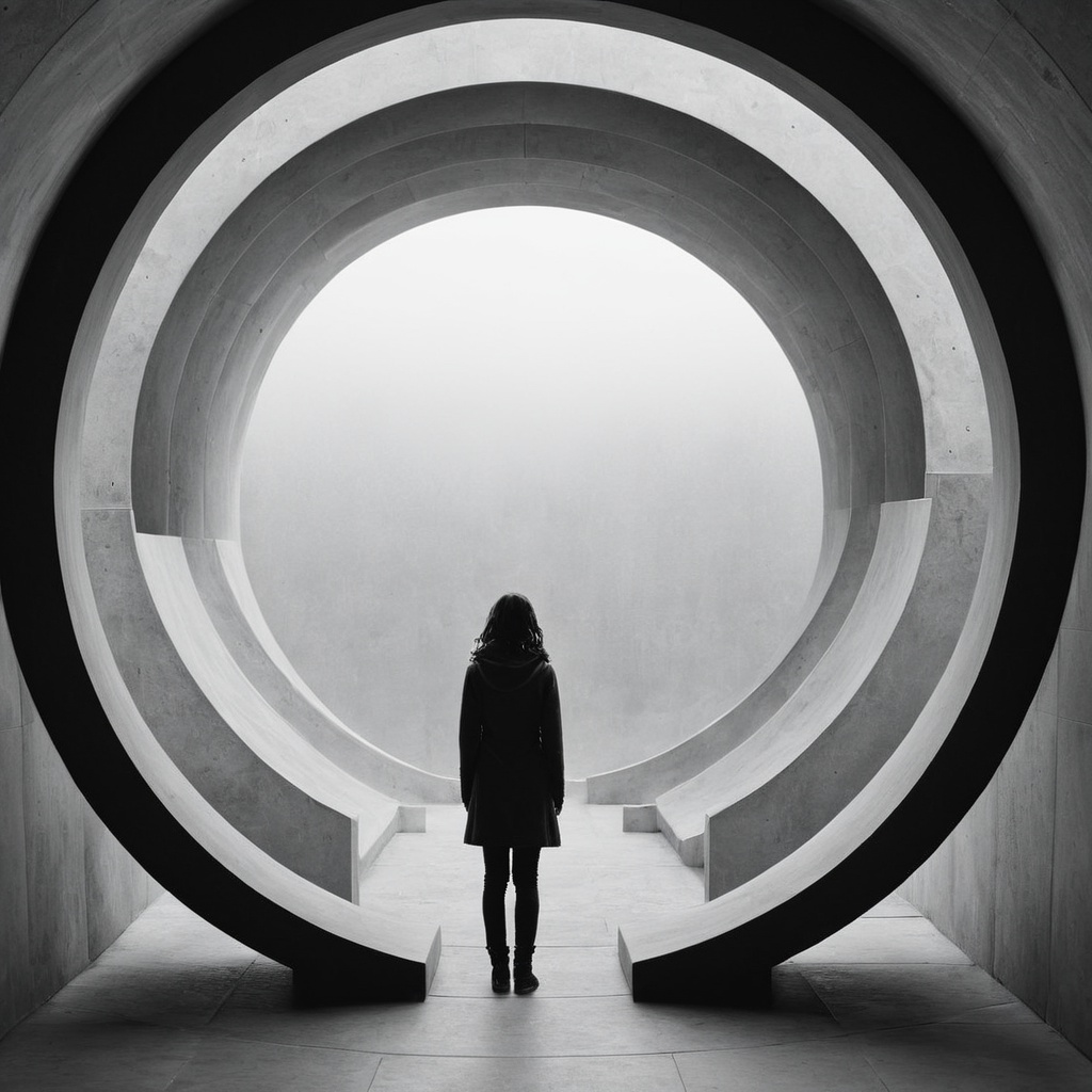 cinematic film still of  <lora:Fine art photography style:1>
Juxtaposition of a person standing in a circular architecture walkway with a black and white photo,1girl,solo,monochrome,greyscale Juxtaposition,artistic,photography,dramatic light,dramatic shadow light,contrast,saturated color,cinematic,filmic,photographic,realistic,realism,perfection,perfect,Juxtaposed,opposite,different things,side by side,syncretism,antithesis,Juxtaposition style,greyscale , creative, photorealism, hyperrealism, Fine art photography style, Fine art cinematic photography style, shallow depth of field, vignette, highly detailed, high budget, bokeh, cinemascope, moody, epic, gorgeous, film grain, grainy