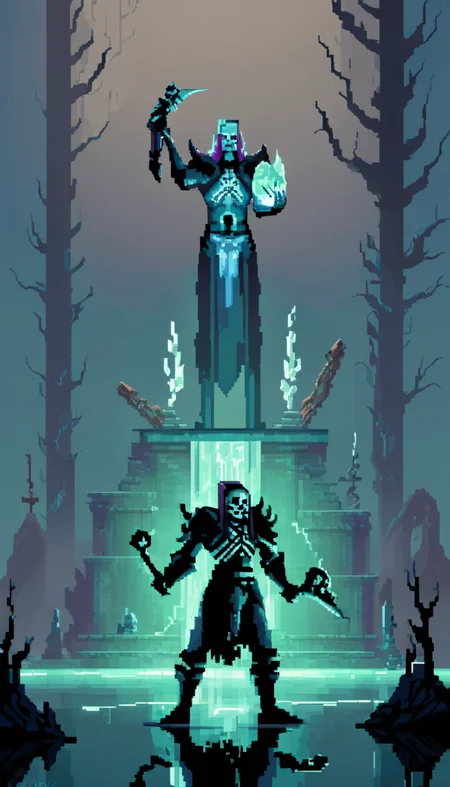 pixel-art Cinematic scene, hero view, d4d necromancer <lora:diablo_4_necromancer_xl_v1:1>, action pose, masterpiece, best quality, high quality, highres, absurdres . low-res, blocky, pixel art style, 8-bit graphics
