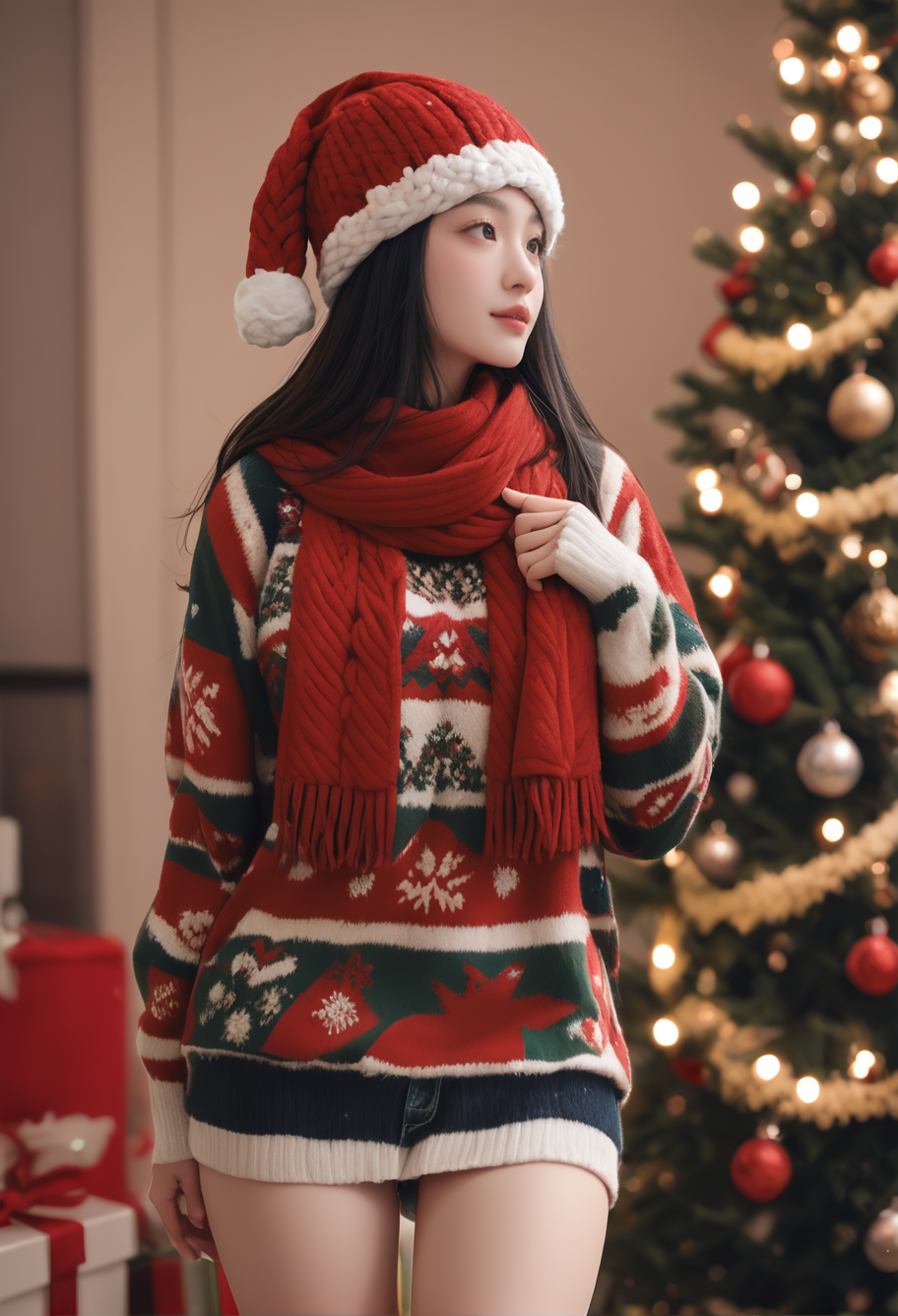 1girl,,ruanyi1386,beanie,multicolored clothes,red scarf,christmas,standing,thigh gap,sweater,christmas tree,blurry background,<lora:1386 christmas_v1_pony:1>, score_9,score_8_up,score_7_up,,8k,solo,,