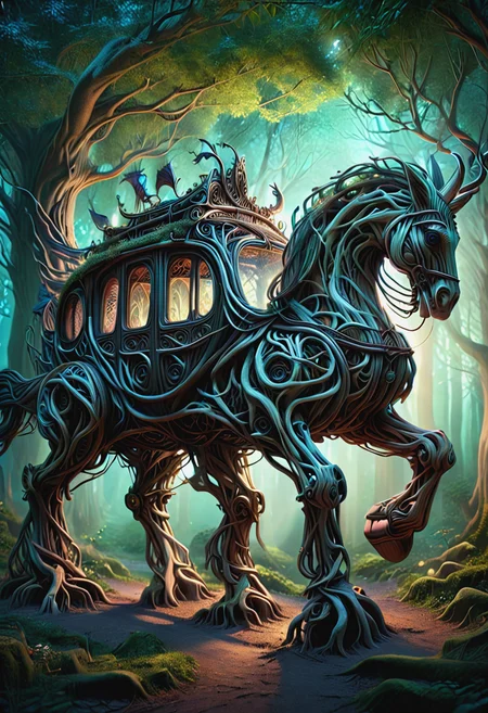 PG-TR,A mythical carriage traversing an enchanted forest path, luminescent creatures guiding the way, ancient trees towering overhead, dusk time ambiance, detailed, fantasy art 