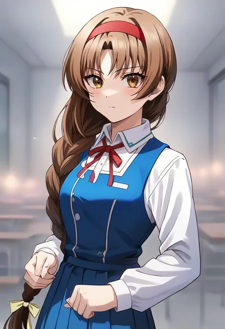 best quality, 4k, rating_safe, very aesthetic, source_anime,1girl, <lora:Takao:0.9>,takao,brown hair,brown eyes,long hair,single braid,red hairband,neck ribbon,white shirt,long sleeves,blue vest,gray skirt,school uniform,