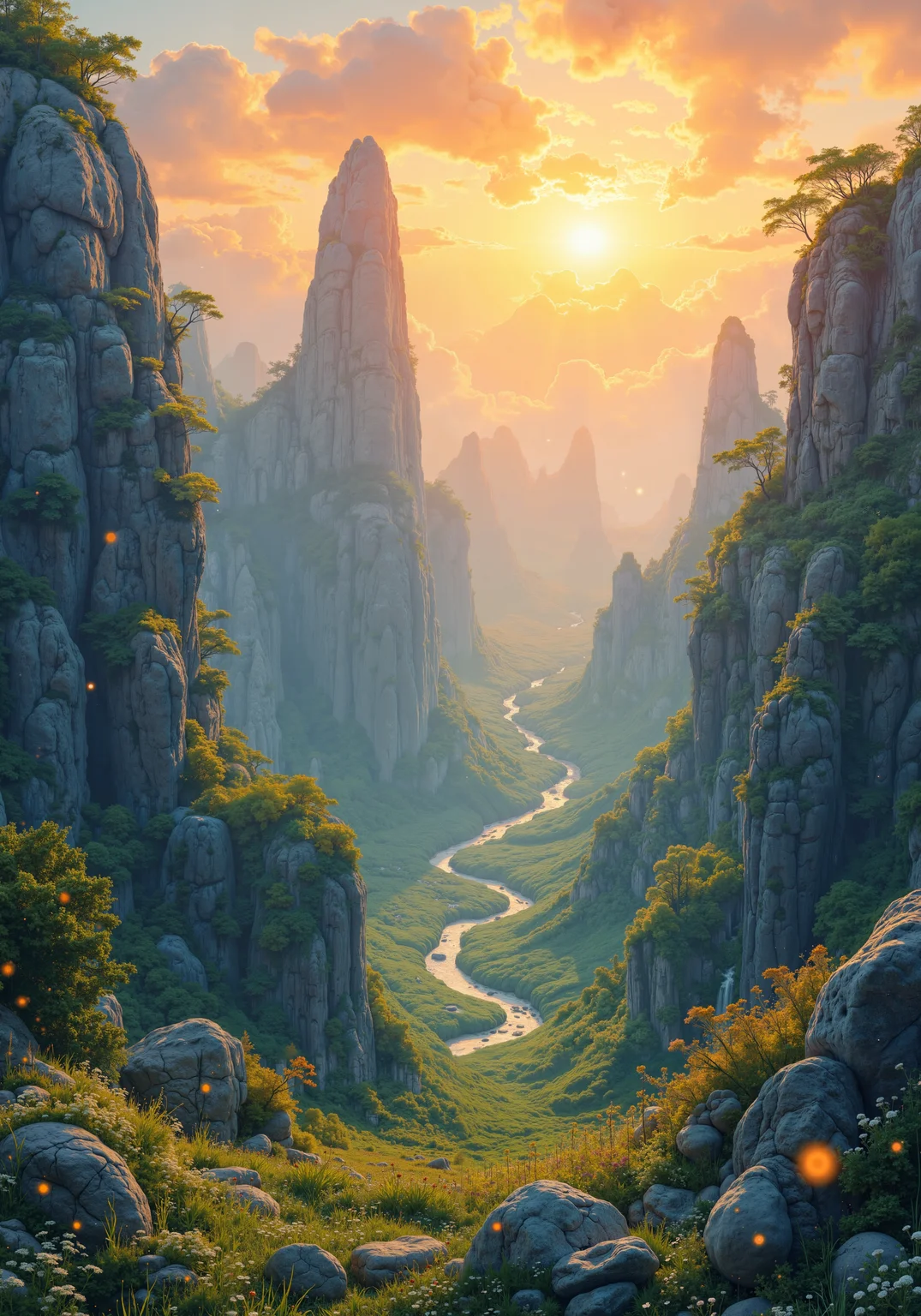 Expansive enchanted highland, surreal floating rock spires amid verdant meadows under a luminous, painterly sky. Digital art fusion with impressionistic textures, ethereal fog interwoven with warm sunset hues, delicate bioluminescent flora embellishing ancient, moss-clad granite. A glowing river carves through the rugged terrain, reflecting prismatic light beams and subtle autumn breezes. Atmospheric, hyper-detailed 8K masterpiece with a magical, post-dusk ambiance and gentle dancing fireflies, evoking an otherworldly natural symphony. <lora:flux_semifluid_pigments:0.3> <lora:openart_Surreal_Anime_III_20250104_025344:0.5> <lora:flux_dev:1>