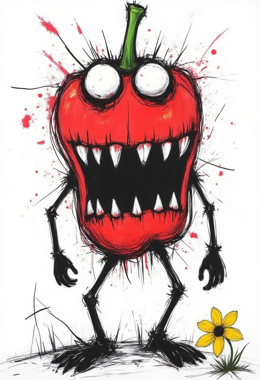 d3press1on, a scribble drawing featuring a bell pepper monster with the open mouth full of uneven sharp teeth, claw-like hands, crazy eyes with a frown. On the ground there is a tiny camomile. The image has a freaky vibe with a tint of vibrant pop-art style