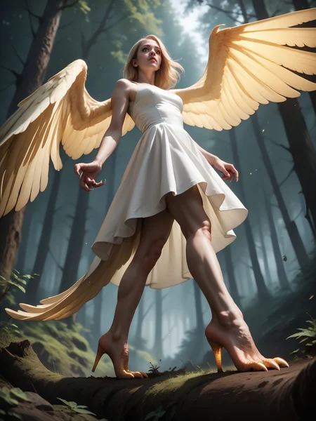 score_9_up, score_8_up, score_7_up, realistic,
a woman standing in a forest, white dress, blonde, glowing, wings
<lora:heelfeet-ponyxl-v1a:0.6>, h33lfeet, talons, heels, from side, foot focus, from below, ultra realistic, (high quality, detailed, beautiful), detailed beautiful eyes, realistic, outstanding,
<lora:add-detail-xl:0.7> <lora:xl_more_art-full_v1:0.1>, <lora:Realistic000003_1_2.5DAnime_0.05_Merge1:0.5>