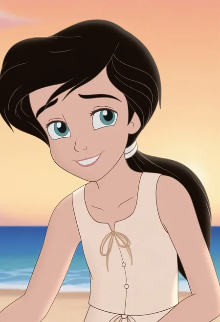 close up,melody,aqua eyes,thick eyebrowns,black hair,ponytail,smile,buck_theet,white hairband,arms down,green undershirt,sleeveless,sea,yellow sunrise beach background