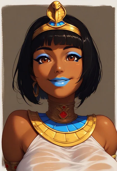 score_9, score_8_up, score_7_up, (1girl, solo, opala, dark-skinned female, egyptian female, caramel skin, big breasts, black hair, bangs, bob cut, brown eyes, blue eyeshadow, circlet, armlet, choker, white dress, seethrough clothes, blue lipstick), breast portrait, happy, smile, voluptuous female, fit female, simple background, front view, source_anime, perfect eyes, waist-up