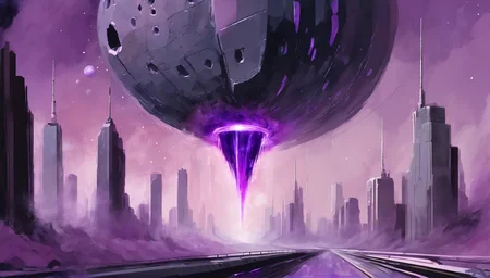 sci-fi digital acrylic painting of a Supernatural metropolisin a Micrometeoroid Pocked Areas, photoshop thick acrylic brushes, shiny slate gray and pastel purple color scheme<lora:EnvySpeedPaintXL01v11:1>