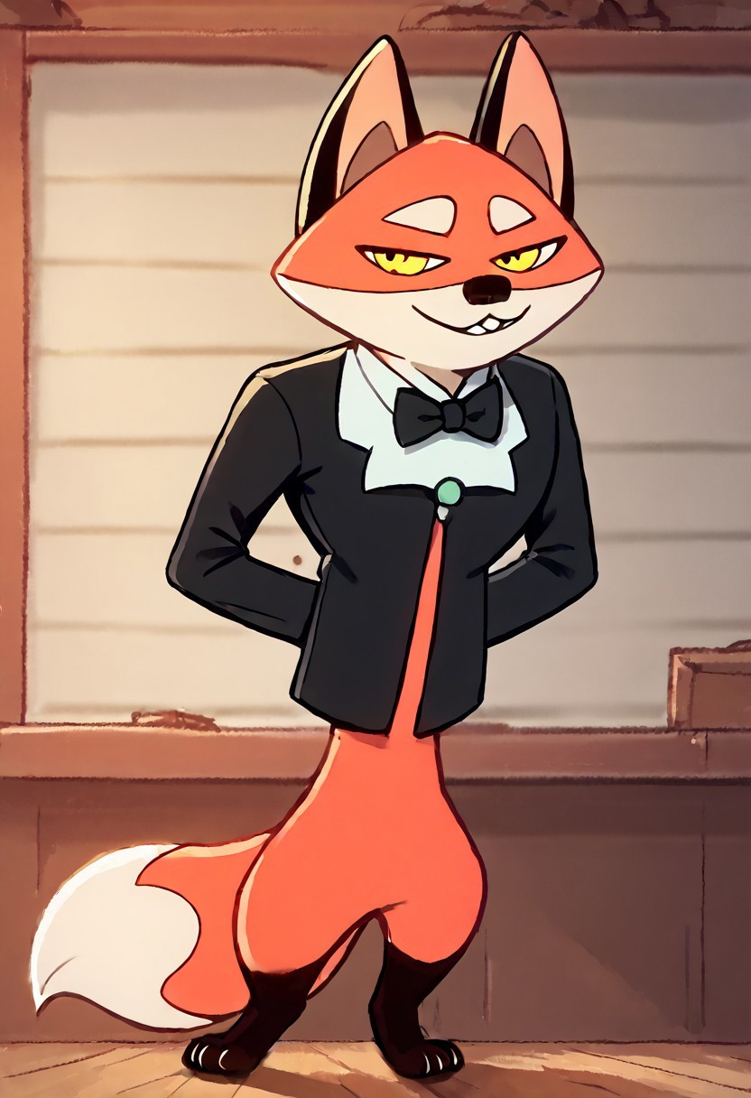 solo, score_9, score_8_up, score_7_up, score_6_up, score_5_up, score_4_up, source_furry, hi res, Rufus, fox, yellow eyes, orange fur, fox tail, 2D, drawing, anthro, black tuxedo, confident smile, sfw, standing