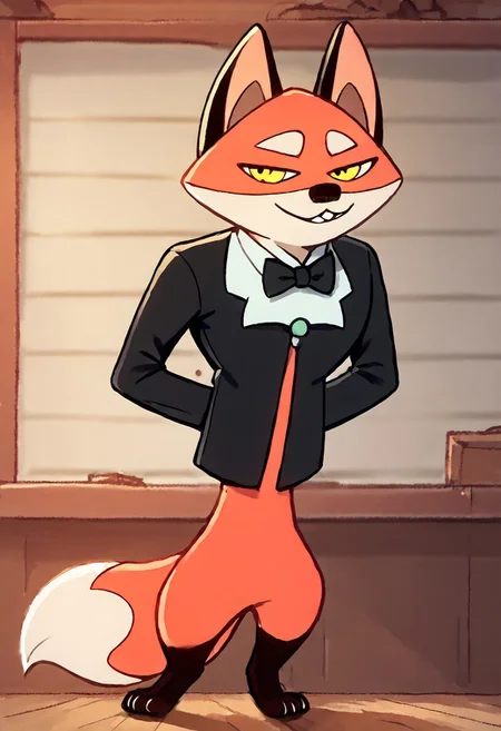 solo, score_9, score_8_up, score_7_up, score_6_up, score_5_up, score_4_up, source_furry, hi res, Rufus, fox, yellow eyes, orange fur, fox tail, 2D, drawing, anthro, black tuxedo, confident smile, sfw, standing
