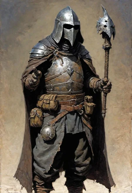 videogame art of (ragged, human barbarian, brigand, holding a iron mace, wearing leather tunic, metal plates and cloth shaped helmet, sewn together), by Jean-Baptiste Monge and Nicola Samori, praetorian, warhammer, gothic, legion