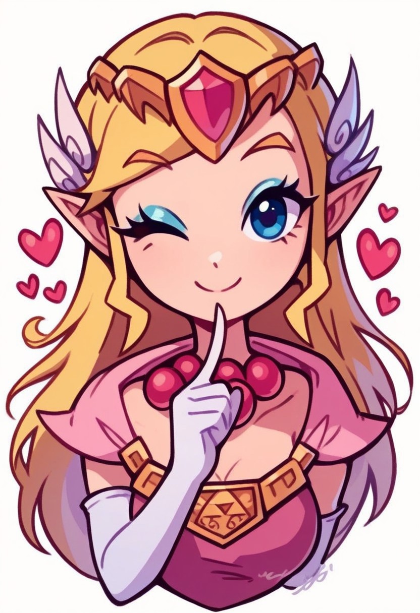score_9, score_8_up, score_8, medium breasts, (curvy), cute, eyelashes, zzToonZelda, looking at viewer, smile, simple background, gloves, white background, dress, jewelry, upper body, heart, one eye closed, elbow gloves, white gloves, necklace, makeup, tiara, pink dress, eyeshadow, ;), best quality, bead necklace, gold necklace, finger to mouth