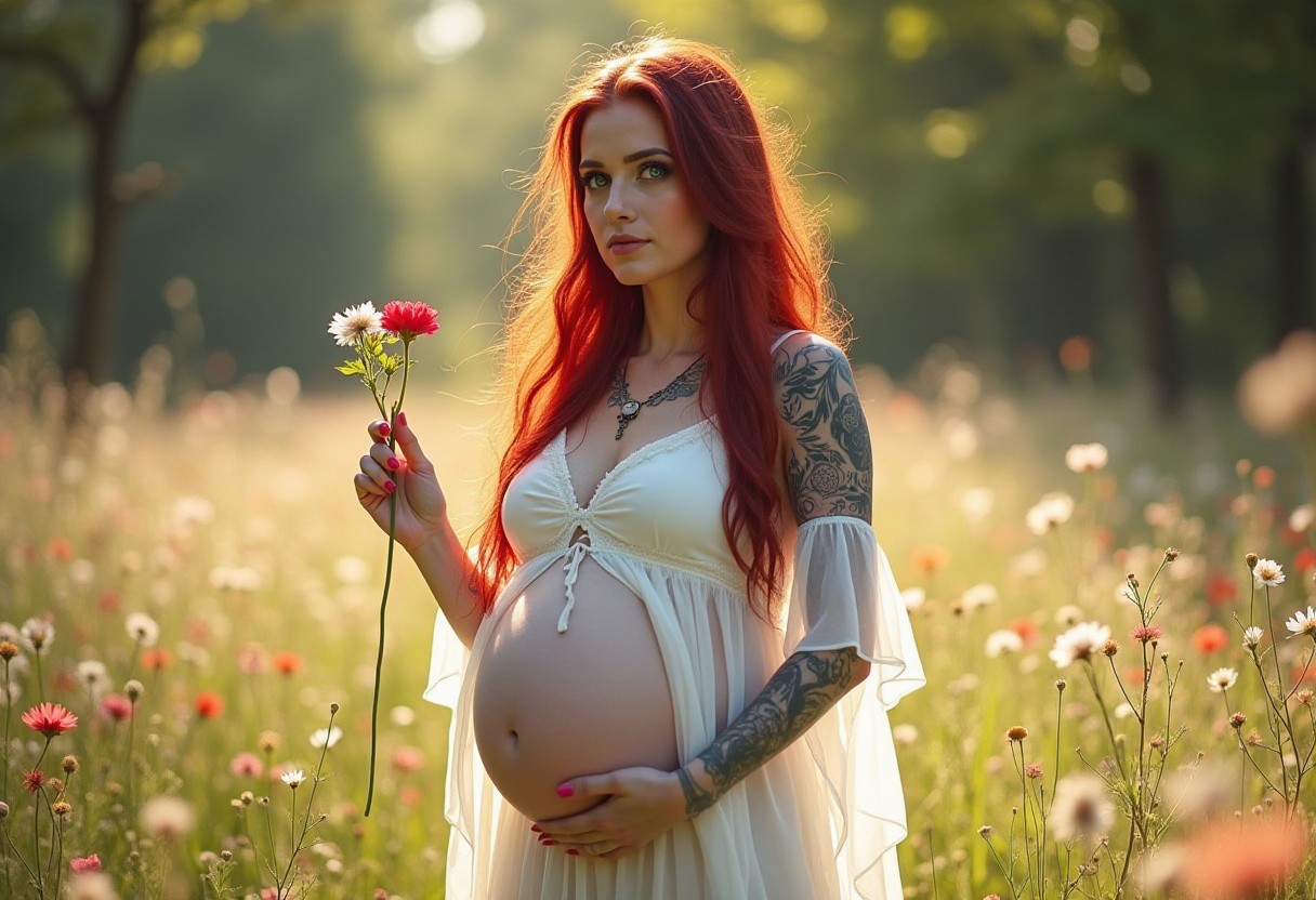 A stunningly beautiful gothic pregnant woman with tattoos embodying the essence of femininity, fertility, and purity, standing gracefully in a sunlit meadow filled with blooming wildflowers. Her long, flowing black redhair, reminiscent of red wine, cascades down her back, catching the light and shimmering like a halo around her. She wears a delicate, ethereal gown made of soft, transparent white sheer fabric that billows gently with the breeze, accentuating her graceful figure and evoking a sense of innocence and serenity. The camera captures her from a low, upward angle, emphasizing her stature and the divine quality of her presence, making her appear as if she is emerging from nature itself. The sunlight filters through the trees, creating a dappled effect around her, and illuminating her flawless white skin, which glows with a natural radiance. Her deep blue eyes, reflecting the beauty of the meadow, are filled with warmth and compassion, inviting viewers to connect with her essence. In one hand, she holds a cluster of vibrant wildflowers, symbolizing life and fertility, while the other hand gently rests on her heart, signifying love and purity. The background is a soft blur of colorful flowers and greenery, creating a dreamy atmosphere that enhances her ethereal beauty. This portrait captures not only the visual appeal but also the profound essence of womanhood, leaving viewers in awe of the stunning portrayal of femininity and grace.