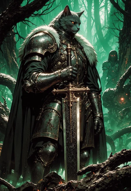 A dark fantasy scene featuring an anthropomorphic cat knight in detailed silver armor, holding a large, engraved sword. The background is a dense, mystical forest bathed in dim green light. The atmosphere is ominous, with shadows and fog adding mystery. Highly detailed textures on the fur, armor, and sword, with a cinematic, epic mood