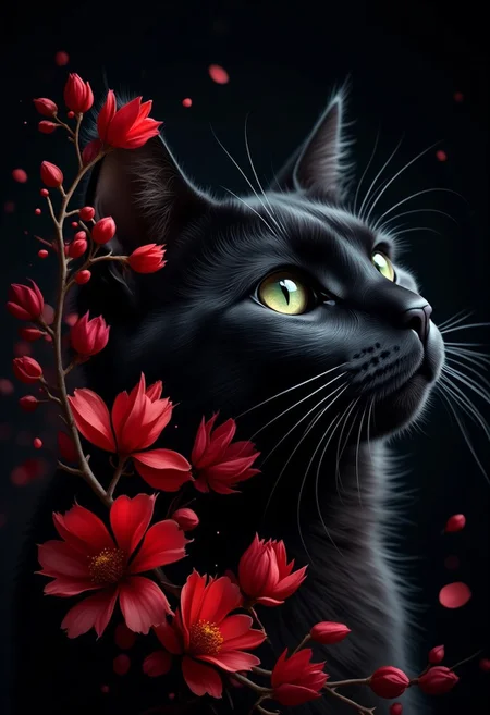 Watercolor style, watercolor, wet on wet, paintstreaks, watercolor painting, \nA A captivating close-up portrait of a black cat, depicted in stunning detail with velvety fur and piercing green eyes. The cat's profile is turned upward, revealing a mysterious and curious expression. Set against a dark background, the cat is surrounded by vibrant red flowers that delicately intertwine with its silhouette. The contrast between the dark and vibrant elements creates a sense of intrigue and allure, drawing the viewer into the enigmatic world of this feline subject. This illustration captures the essence of both feline elegance and the beauty of nature, making it a mesmerizing piece of artwork