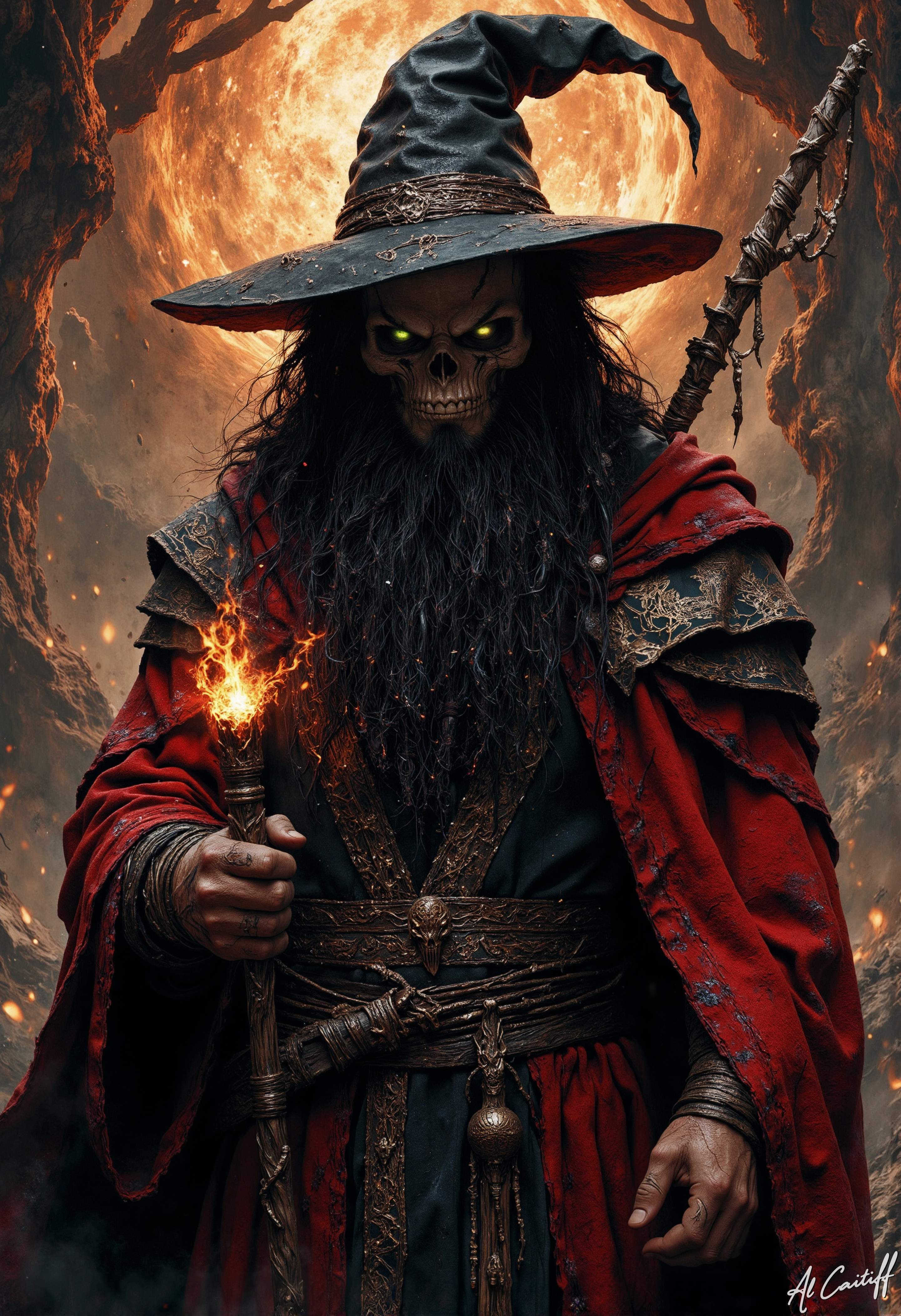twisted, hunched figure with a grotesque skull for a head and a long, wild beard that resembles a tangled mess of black snakes stands at the center of the image. The wizard wears a tattered, crimson-red cloak with intricate, gold-thread embroidery and a pointed, black hat with a long, curved brim that seems to be dripping with dark, viscous liquid. In one hand, the wizard holds a staff that crackles with fiery energy, while in the other hand, they grasp a small, glowing orb that pulsates with a fierce, orange light. The wizard's eyes glow with an otherworldly green energy, and their very presence seems to be warping the surrounding air. The background is a swirling vortex of dark, burnt-orange hues, as if the very fabric of reality is being torn apart. A faint, ghostly image of a withered, ancient tree looms in the background, its branches like skeletal fingers reaching towards the heavens. The overall effect is one of dark, mystical power and malevolent intent., fg<lora:CustomFlux/MysticFantasy.safetensors:0.25000000000000006:0.25000000000000006> <lora:CustomFlux/MysticRealism.safetensors:1.0000000000000002:1.0000000000000002> <lora:Flux/Stylized-Super-Texture.safetensors:0.6000000000000001:0.6000000000000001>