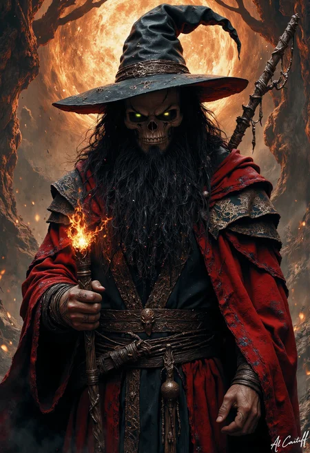 twisted, hunched figure with a grotesque skull for a head and a long, wild beard that resembles a tangled mess of black snakes stands at the center of the image. The wizard wears a tattered, crimson-red cloak with intricate, gold-thread embroidery and a pointed, black hat with a long, curved brim that seems to be dripping with dark, viscous liquid. In one hand, the wizard holds a staff that crackles with fiery energy, while in the other hand, they grasp a small, glowing orb that pulsates with a fierce, orange light. The wizard's eyes glow with an otherworldly green energy, and their very presence seems to be warping the surrounding air. The background is a swirling vortex of dark, burnt-orange hues, as if the very fabric of reality is being torn apart. A faint, ghostly image of a withered, ancient tree looms in the background, its branches like skeletal fingers reaching towards the heavens. The overall effect is one of dark, mystical power and malevolent intent., fg<lora:CustomFlux/MysticFantasy.safetensors:0.25000000000000006:0.25000000000000006> <lora:CustomFlux/MysticRealism.safetensors:1.0000000000000002:1.0000000000000002> <lora:Flux/Stylized-Super-Texture.safetensors:0.6000000000000001:0.6000000000000001>