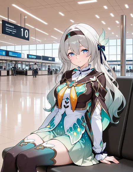 <lora:midis_Airport_V0.51[IL]:1>, airport, sitting, firefly \(honkai: star rail\),, masterpiece,best quality, very aesthetic,absurdres,newest,
