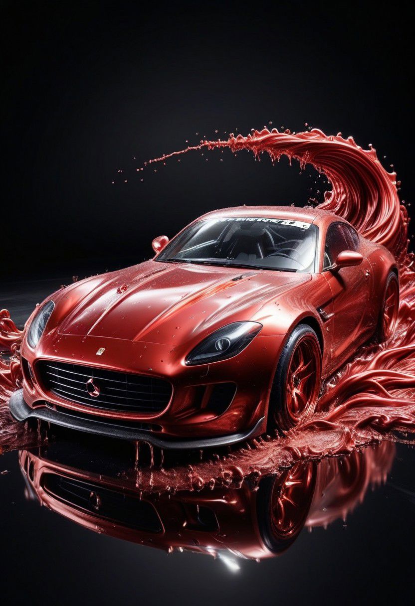 red LIQUID METAL sports car, race car, racing through REDLIQUID METAL, liquid metal sprays up from the cars tyres, Car drifting in a black void