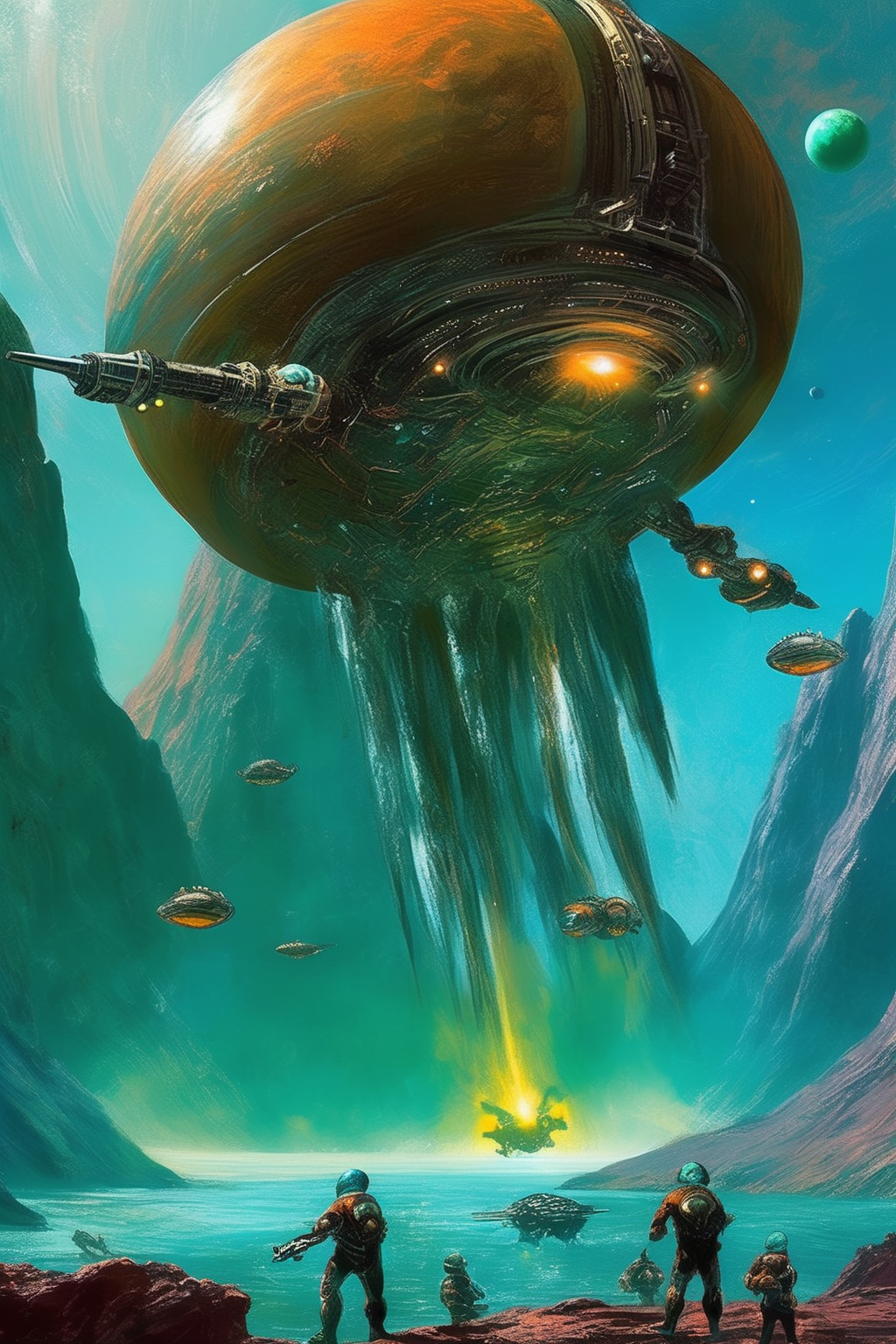 <lora:Stephan Martiniere Style:1>Stephan Martiniere Style - In the style of Stephan Martiniere, the Second Trans-Neptunian Neptune Terraforming Exploration Expedition in an armored anti-grav flyer discovers fire monsters near the Midnight Mountains