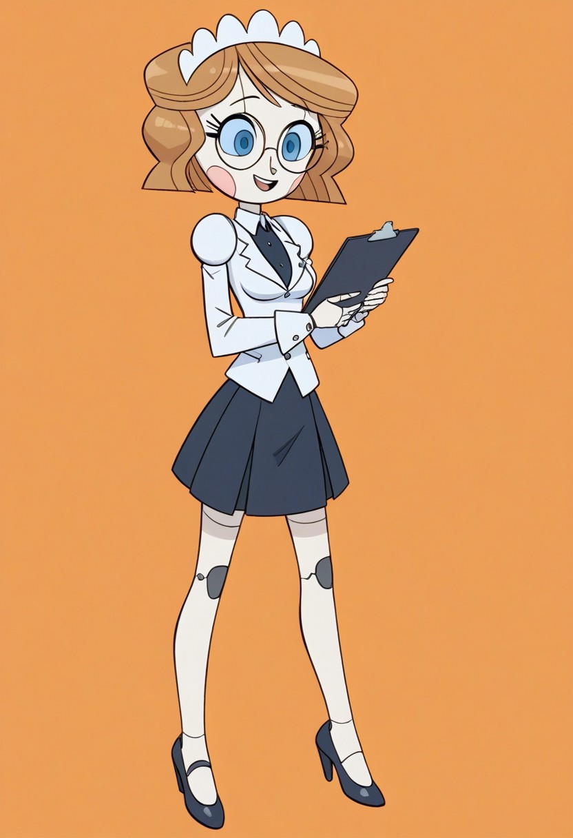 Score_9_up, score_8_up, score_7_up, BREAK 1girl, source_cartoon, emmytr, cybernetic skin, robot, cyborg, robotic,e-girl, Robot Girl, Robogirl, white skin,
Brown hair, medium breasts, cute,  blue eyes,
white dress shirt, long sleeves, full body, ((black skirt)), black shoes, mini skirt, pantyhose, 
 full body, standing, smile, clipboard, holding clipboard, round glasses,
Simple background, orange background