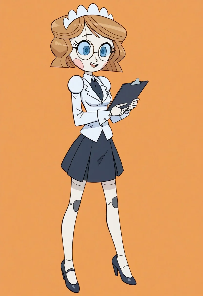 Score_9_up, score_8_up, score_7_up, BREAK 1girl, source_cartoon, emmytr, cybernetic skin, robot, cyborg, robotic,e-girl, Robot Girl, Robogirl, white skin,
Brown hair, medium breasts, cute, blue eyes,
white dress shirt, long sleeves, full body, ((black skirt)), black shoes, mini skirt, pantyhose,
full body, standing, smile, clipboard, holding clipboard, round glasses,
Simple background, orange background