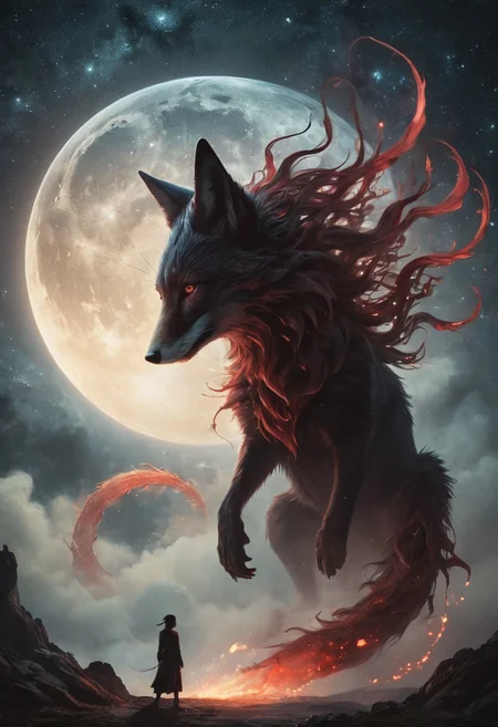 highly detailed and hyper realistic photo, by Alena Aenami , by Archibald Thorburn , by Daniele Afferni , Bosstyle, Silhouette of a woman fighting a giant DARK mononoke boss monster resembling an ethereal fox with seven tails: Capture the essence of nostalgia and color in this vintage photo. Dominating the scene is a meticulously detailed translucent dark red firefly, filled with blood and adorned with vibrant patterns that blend seamlessly with its surroundings. Its long tail, consisting of intricately intertwined ribbons of different colors, stretches behind, adding to the spectacle of the moment. In the stillness of the night, his presence radiates a sense of ancestral strength and resilience. Behind him, the muted hues of the Milky Way create a mesmerizing backdrop, a cosmic tapestry weaving stories of past and future. At this moment, the fusion of tradition and technology, ancient wisdom and industrial progress is palpably in the air, in the style of  monochromatic silhouette reflection,  limited dark palette, unusual dark colors, faded colors, atmospheric haze, highly dramatic cinematic lighting, motion blur, film grain,  professional, excellent composition, finest details, maximized details, ultimate detail level, masterpiece, best quality