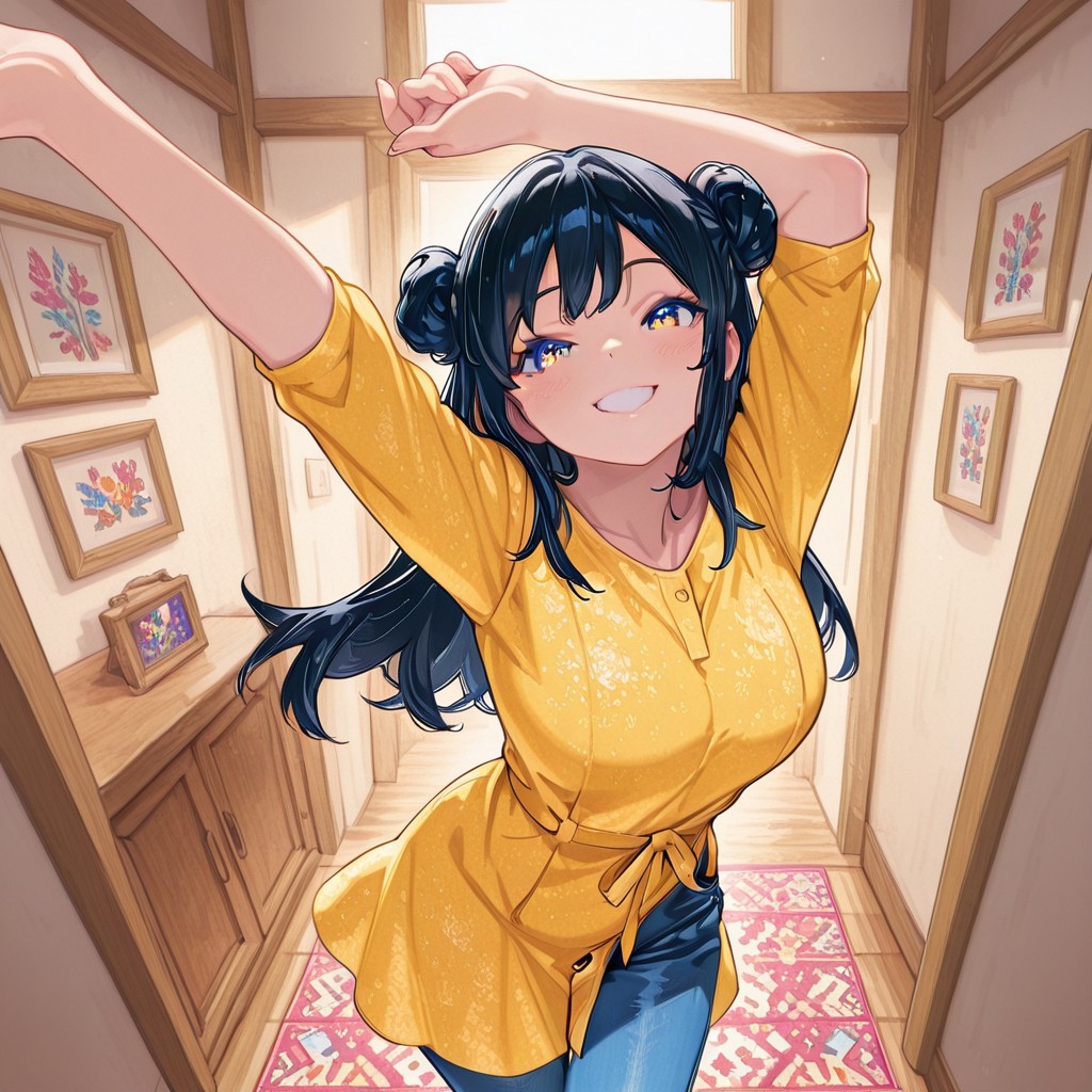highres, ultra-detailed, newest , absurdes , illustration, colourful, masterpiece, 8k, (Riko , solo , black hair, double buns, yellow dress, blue denim pants) , standing , hand behind , mouth open , smiling , cheerful  , arms up , indoors ,