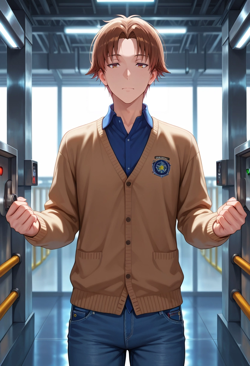 masterpiece, best quality, intricate details, (photorealistic:0.6), , 1boy, solo, male focus, <lora:kiyotaka_ayanokouji_ilxl:0.94>, kiyotaka_ayanokouji, brown hair, brown eyes, short hair, bangs, parted bangs, , steam port, gear docks, pipe paths, pressure stations, maintenance pose, busy expression, industrial light, Chenille Brown Quatrefoil Slim-fit jeans, Cardigan, , ,