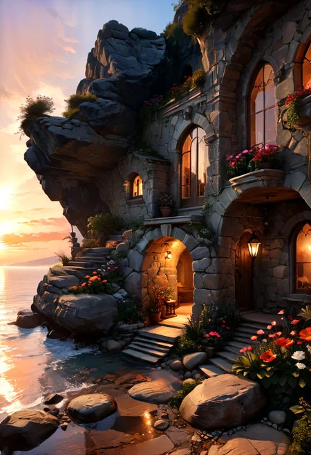 style by Bec Winnel,best quality,high resolution,8k,low-angle,sunset,intricate luminous,vivid light-ray ethereal fantasy concept art of {the luxury man's cave cabin detailed limestone,rocky beach-fontain park floral enchanted artistic glowing background,detailed oasis} . magnificent, celestial, ethereal, painterly, epic, majestic, magical, fantasy art, cover art, dreamy inspired by andre kohn