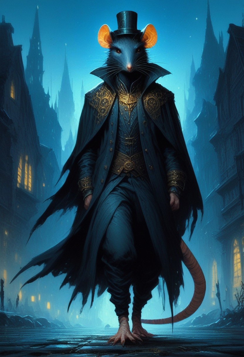 BREAK score_9, score_8_up, score_7_up,  night time, city, ominous, rat, top hat, cloak, smug, hands in pockets, gold ring, pocket watch, walking cane, full body shot, (tail: 1.5)
(masterpiece, best quality, ultra detailed, intricate details:1.2), (detailed face:1.1), (rat folk:1.5) <lora:RPGRatFolkXL:1>